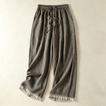 Buddha Stones Summer Casual Drawstring Plaid Linen Ankle Pants Women's Wide Leg Pants With Pocket