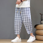 Buddha Stones Summer Casual Drawstring Plaid Capri Pants Men's Harem Pants With Pockets