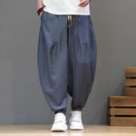 Buddha Stones Summer Casual Vintage Drawstring Solid Cotton Cropped Pants Men's Harem Pants With Pocket