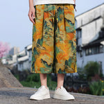 Buddha Stones Summer Vintage Casual Drawstring Crane Print Men's Cropped Pants With Pocket