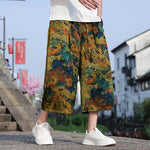 Buddha Stones Summer Vintage Casual Drawstring Crane Print Men's Cropped Pants With Pocket
