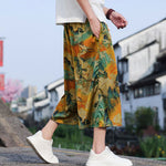 Buddha Stones Summer Vintage Casual Drawstring Crane Print Men's Cropped Pants With Pocket