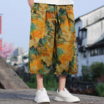 Buddha Stones Summer Vintage Casual Drawstring Crane Print Men's Cropped Pants With Pocket