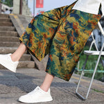 Buddha Stones Summer Vintage Casual Drawstring Crane Print Men's Cropped Pants With Pocket