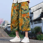 Buddha Stones Summer Vintage Casual Drawstring Crane Print Men's Cropped Pants With Pocket