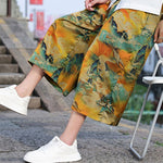 Buddha Stones Summer Vintage Casual Drawstring Crane Print Men's Cropped Pants With Pocket