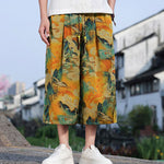 Buddha Stones Summer Vintage Casual Drawstring Crane Print Men's Cropped Pants With Pocket