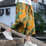 Buddha Stones Summer Vintage Casual Drawstring Crane Print Men's Cropped Pants With Pocket