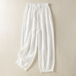 Buddha Stones Summer Casual Boho Drawstring Solid Cropped Pants Ramie Women's Harem Pants With Pockets