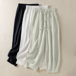 Buddha Stones Summer Casual Boho Drawstring Solid Cropped Pants Ramie Women's Harem Pants With Pockets