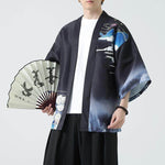 Buddha Stones Summer Casual Vintage Crane Print Men's Kimonos