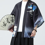 Buddha Stones Summer Casual Vintage Crane Print Men's Kimonos