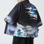 Buddha Stones Summer Casual Vintage Crane Print Men's Kimonos