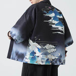 Buddha Stones Summer Casual Vintage Crane Print Men's Kimonos