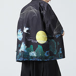 Buddha Stones Summer Casual Vintage Crane Print Men's Kimonos