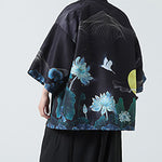 Buddha Stones Summer Casual Vintage Crane Print Men's Kimonos