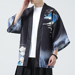 Buddha Stones Summer Casual Vintage Crane Print Men's Kimonos