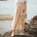 Buddha Stones Summer Casual Boho Drawstring Solid Capri Pants Women's Wide Leg Pants With Pockets
