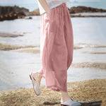 Buddha Stones Summer Casual Boho Drawstring Solid Capri Pants Women's Wide Leg Pants With Pockets
