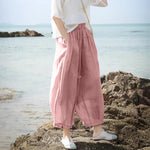 Buddha Stones Summer Casual Boho Drawstring Solid Capri Pants Women's Wide Leg Pants With Pockets