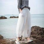 Buddha Stones Summer Casual Boho Drawstring Solid Capri Pants Women's Wide Leg Pants With Pockets