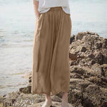Buddha Stones Summer Casual Boho Drawstring Solid Capri Pants Women's Wide Leg Pants With Pockets