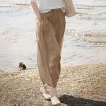 Buddha Stones Summer Casual Boho Drawstring Solid Capri Pants Women's Wide Leg Pants With Pockets