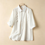 Buddha Stones Summer Elegant Vintage Button-up Solid Front Pleated Ruffle Women's Short Sleeve Shirts