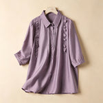 Buddha Stones Summer Elegant Vintage Button-up Solid Front Pleated Ruffle Women's Short Sleeve Shirts