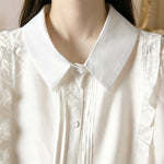 Buddha Stones Summer Elegant Vintage Button-up Solid Front Pleated Ruffle Women's Short Sleeve Shirts