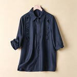 Buddha Stones Summer Elegant Vintage Button-up Solid Front Pleated Ruffle Women's Short Sleeve Shirts