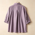 Buddha Stones Summer Elegant Vintage Button-up Solid Front Pleated Ruffle Women's Short Sleeve Shirts