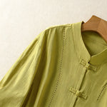 Buddha Stones Summer Tang Style Vintage Mandarin Collar Frog Button Solid Women's Short Sleeve Shirts With Pockets