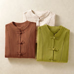 Buddha Stones Summer Tang Style Vintage Mandarin Collar Frog Button Solid Women's Short Sleeve Shirts With Pockets