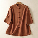 Buddha Stones Summer Tang Style Vintage Mandarin Collar Frog Button Solid Women's Short Sleeve Shirts With Pockets