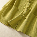 Buddha Stones Summer Tang Style Vintage Mandarin Collar Frog Button Solid Women's Short Sleeve Shirts With Pockets