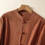 Buddha Stones Summer Tang Style Vintage Mandarin Collar Frog Button Solid Women's Short Sleeve Shirts With Pockets