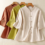 Buddha Stones Summer Tang Style Vintage Mandarin Collar Frog Button Solid Women's Short Sleeve Shirts With Pockets