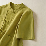 Buddha Stones Summer Tang Style Vintage Mandarin Collar Frog Button Solid Women's Short Sleeve Shirts With Pockets