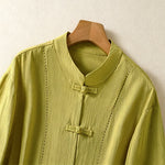 Buddha Stones Summer Tang Style Vintage Mandarin Collar Frog Button Solid Women's Short Sleeve Shirts With Pockets