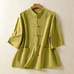 Buddha Stones Summer Tang Style Vintage Mandarin Collar Frog Button Solid Women's Short Sleeve Shirts With Pockets
