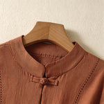 Buddha Stones Summer Tang Style Vintage Mandarin Collar Frog Button Solid Women's Short Sleeve Shirts With Pockets
