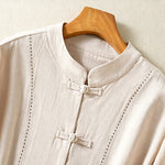 Buddha Stones Summer Tang Style Vintage Mandarin Collar Frog Button Solid Women's Short Sleeve Shirts With Pockets