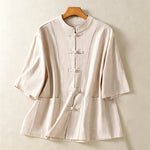 Buddha Stones Summer Tang Style Vintage Mandarin Collar Frog Button Solid Women's Short Sleeve Shirts With Pockets