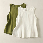 Buddha Stones Summer Elegant Pleated Solid Tank Top Vertical Seam Women's Sleeveless T-shirts