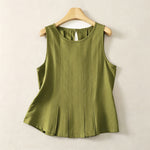 Buddha Stones Summer Elegant Pleated Solid Tank Top Vertical Seam Women's Sleeveless T-shirts
