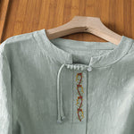 Buddha Stones Summer Boho Tang Style Embroidery Drawstring Solid Women's Short Sleeve Shirts