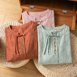 Buddha Stones Summer Boho Tang Style Embroidery Drawstring Solid Women's Short Sleeve Shirts