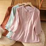 Buddha Stones Summer Boho Tang Style Embroidery Drawstring Solid Women's Short Sleeve Shirts