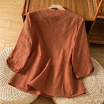 Buddha Stones Summer Boho Tang Style Embroidery Drawstring Solid Women's Short Sleeve Shirts